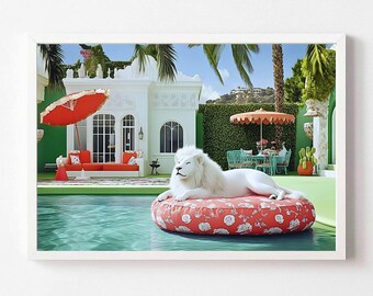 White lion in luxury villa, digital download, high life  print elegant wall art, animal print, chic art safari wall art decor, cute lion