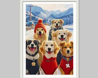 cute dogs in Aspen- puppy Wall Art , dogs  Print, dogs Poster ,aspen  Luxury winter illustration, High Society Print doggy wall art decor