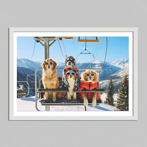 Könnte beinhalten: Vier Hunde in Sonnenbrillen und Winterkleidung fahren mit einem Skilift einen schneebedeckten Berg hinauf. Die Hunde schauen alle in die Kamera. Der Himmel ist blau und die Berge sind mit Schnee bedeckt.