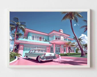 retro villa in Palm Springs mid century art high life miami beach art deco print elegant wall art chic decor,Aesthetic Print illustation