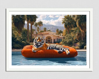 Luxury Tiger Art Print - Tropical Oasis Pool Scene with Tiger on Float, Exotic Animal Art for Home Decor, Vibrant Jungle Wall Art