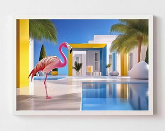 Nowoczesna sztuka ścienna z flamingiem, letnie wibracje, szykowna dekoracja ścienna, realistyczna ilustracja, wydruk artystyczny do salonu, cyfrowy plakat z flamingiem