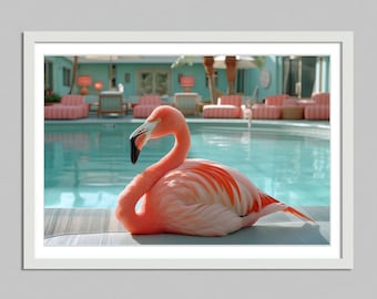 Download digital - flamingo na piscina Arte de parede, pôster com estampa de animal, fotografia de estilo de vida de luxo Impressão de alta sociedade Palm Springs decoração de arte