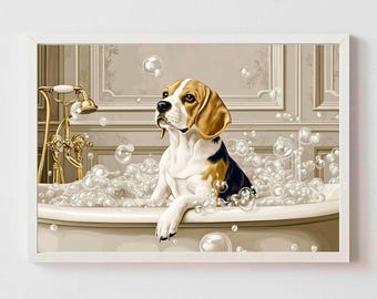 Cute Beagle dog in bathtub poster Wall Art for bathroom animal Poster Luxury Lifestyle High Society Print dog wall art decor for toilet