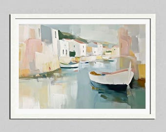 fishing harbor in Sicily seascape with boat impressionist art for coastal landscape lovers summer vibes Italy wall art for living room