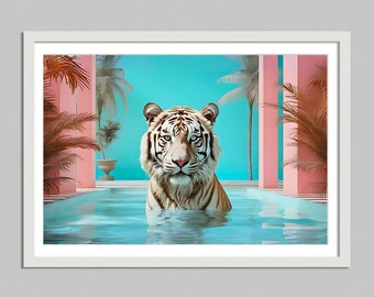 Tygrys w basenie, beverly hills, pobieranie cyfrowe, życie na wysokim poziomie, palm springs print elegancka sztuka ścienna, druk do pokoju dziecięcego szykowny wystrój artystyczny, wydruk estetyczny
