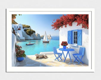 Digital Illustration -mediterranean villa in greek coast Print ,Mikonos Poster , Luxury Lifestyle , High Society, white town spanish coast