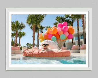 Chic Pet Portrait Print Poolside Dog Art Glamorous Dog Home Decor Stylish Pet Illustration Cute Dog Bedroom Artwork