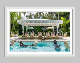 Happy dogs at pool Beverly hotel  digital download, high life,palm springs print elegant wall art, luxury, chic decor,Aesthetic Print Photos