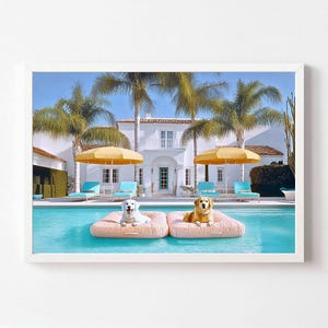 May include: Two dogs, one white and one brown, are relaxing on pink inflatable rafts in a swimming pool. The pool is surrounded by a white house with yellow umbrellas and palm trees.