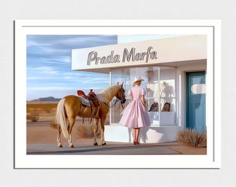 Retro, girl with horse, store in desert, Texas Marfa. Illustration digital download, high life, texan desert, elegant wall art, chic decor,