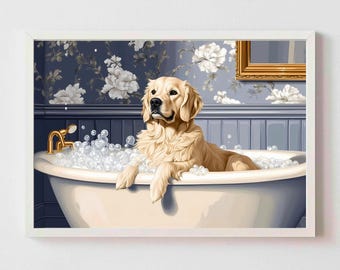 Golden retriever in the bathtub poster Wall Art for bathroom animal Poster Luxury Lifestyle High Society Print dog wall art decor for toilet