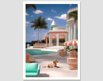 Dog in Miami Florida hotel, digital download, high life palm springs hotel elegant wall art, luxury, chic decor,Aesthetic Print Photos