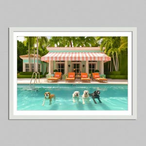 Dogs on vacation in caribbean hotel digital download, high life, illustration, nursery print, chic decor,Aesthetic Print AI generated