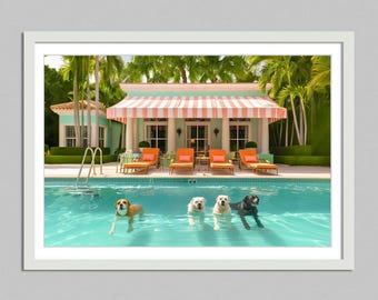 Dogs on vacation in caribbean hotel digital download, high life, illustration, nursery print, chic decor,Aesthetic Print AI generated