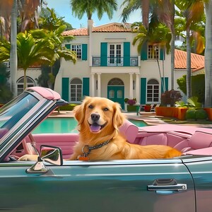 Op de afbeelding: Een golden retriever hond zit op de passagiersstoel van een vintage cabriolet met een roze interieur. De auto staat geparkeerd voor een groot wit huis met een zwembad.