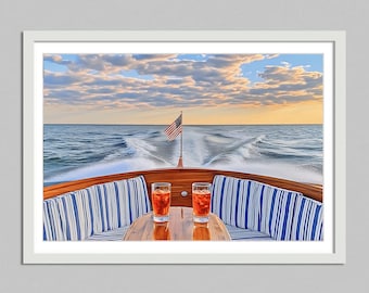sailing on a yacht in Nantucket, high life realistic illustration elegant wall art luxury, chic art decor Aesthetic Print, digital download
