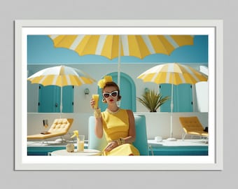 mulher nos anos 50 em hotel chique download digital, vida alta, ilustração realista, arte de parede elegante, impressão de berçário, chique, verão estético