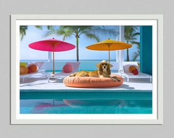 pies w kurorcie Miami Beach, pobieranie cyfrowe, życie na wysokim poziomie, wydruk eleganckiej sztuki ściennej, pokój dziecięcy, szykowny wystrój, estetyczne zdjęcia drukowane, dekoracja sztuki ściennej