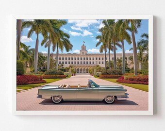 Cadillac convertible in grand hotel in LA digital art,realistic illustration, colorful wall art, elegant decor, modern boho print