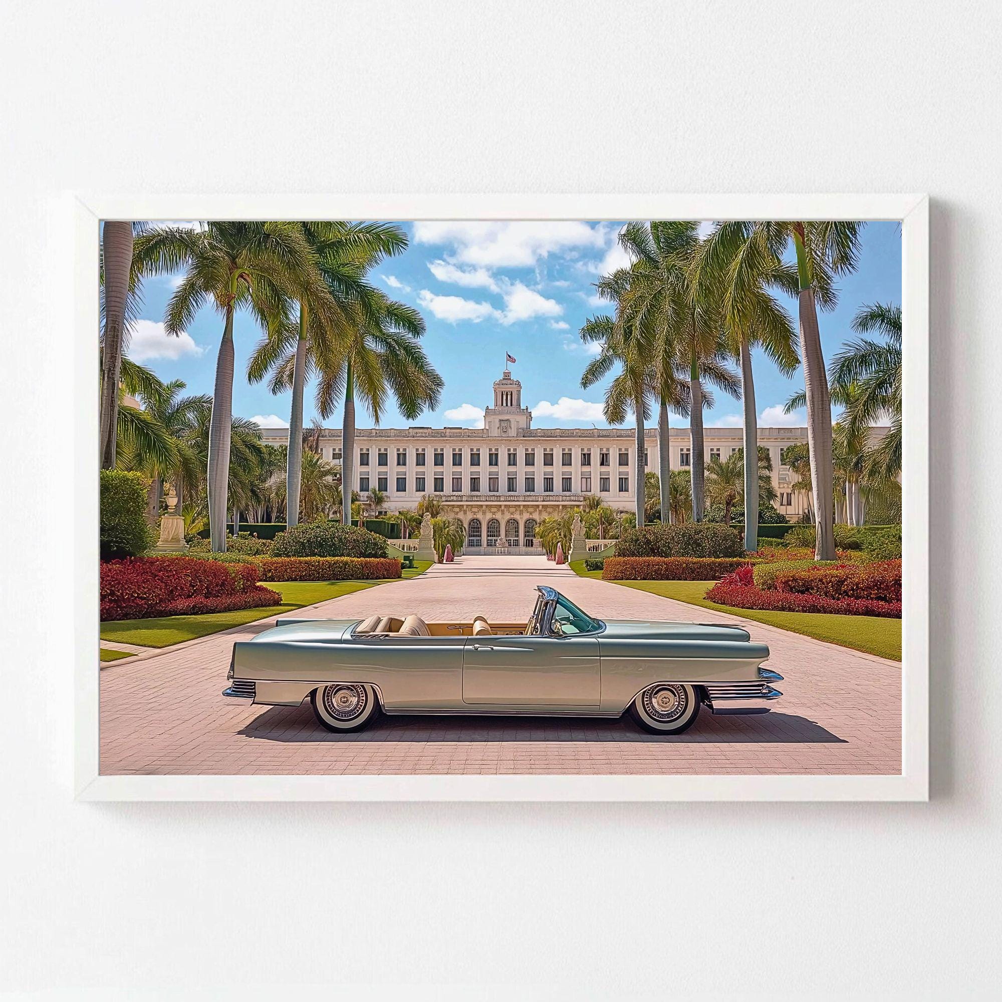Cadillac conversível em grande hotel em LA arte digital, ilustração realista, arte de parede colorida, decoração elegante, impressão boho moderna