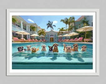 Psy w South Beach Resort Miami, Sztuka ścienna, Wydruk na Florydzie, Plakat z letnim klimatem, Stylowy styl życia, Wydruk w stylu High Society, Dekoracja ścienna