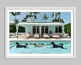 Szczęśliwe psy przy basenie, hotel Palm Springs, pobieranie cyfrowe, życie na wysokim poziomie, wydruk eleganckiej sztuki ściennej, pokój dziecięcy, szykowny wystrój, estetyczne wydruki zdjęć
