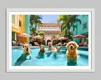 psy w Miami hotel art deco south beach, Wall Art, psy Wydruk, plakat ze zwierzętami, luksusowy styl życia, High Society Print dog wall art decor