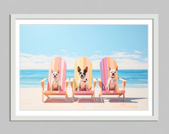 psy na plaży pobieranie cyfrowe, wysokie życie, realistyczna ilustracja, elegancka sztuka ścienna, wydruk do pokoju dziecięcego, szykowny wystrój artystyczny, wydruk estetyczny
