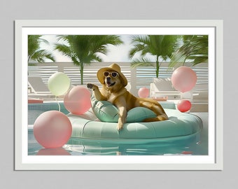 Golden retriever w słońcu Miami beach plakat, sztuka ścienna, wydruk psów, plakat ze zwierzętami, luksusowy styl życia High Society wydruk pies dekoracja ścienna