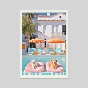 May include: A framed image of a luxurious outdoor scene with a pool. Two dogs rest on pink polka-dot floats in the pool. Orange umbrellas shade blue lounge chairs. A white building with a palm tree is in the background.