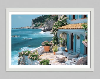 Digital Illustration -mediterranean villa in Amalfi coast Print ,italy Poster , Luxury Lifestyle , High Society, AI generated