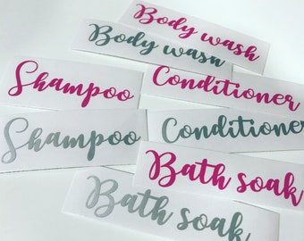 Set of 4 Vinyl decal / Stickers Shampoo, Conditioner & Body Wash stickers