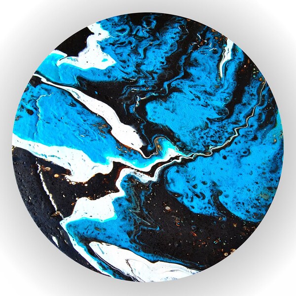 unique original painting <turquoise> acryl on round canvas Ø 30cm abstract artwork fluid pouring dark brown and turquoise <art by zhu>