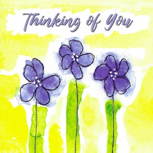 Tarjeta de felicitación con acuarela "Pensando en ti" / 4" x 6" / Bonitas flores pintadas a mano / En blanco / Sobre blanco incluido / Sentimientos cálidos / Amor