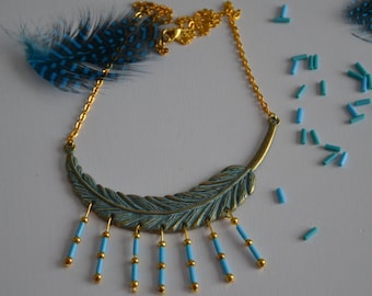 Necklace blue and Gold feather pattern