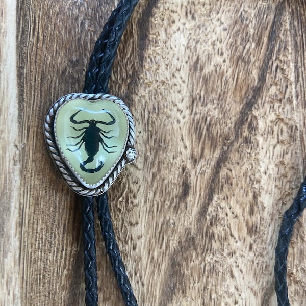 Glow in the Dark Scorpion Bolo Tie in sterling silver with black cord.