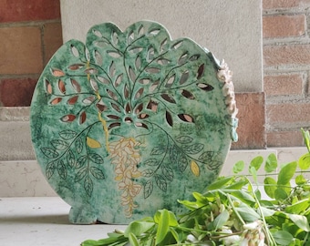 Round green vase, large ceramic furnishing vase, Italian artistic ceramic, carved ceramic vase, gift to inaugurate a home