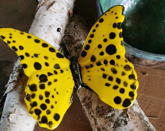 Yellow butterfly, ceramic butterfly, wall butterfly, decorative butterflies, hanging butterfly, hand painted Leopard butterfly