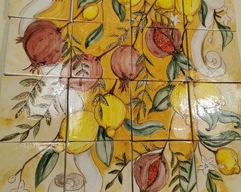 Ceramic panel, handmade panel, panel with lemons, Pomegranate decoration panel, handmade tiles, decorative tiles