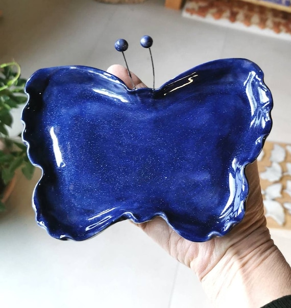 Schmuckhalter aus Keramik in Schmetterlingsform, blauer Taschenentleerer, Badezimmerschale, Tischablage, Schmuckbehälter