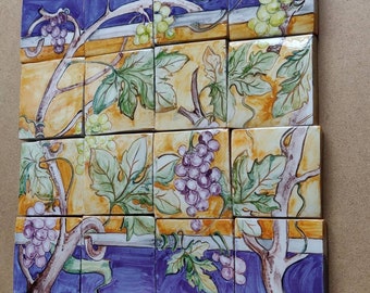 Handmade ceramic tile mosaic panel, grapes and vine Painted on Ceramic, Kitchen Panels, BBQ Tiles