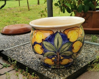 Portavaso limoni in ceramica artistica italiana, porta vaso di ceramica decoro limoni, vaso artigianale con decoro italiano, vaso artistico