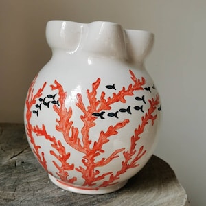 Ceramic jug for water, ceramic coral, painted coral, white jug with red decoration, seaside home decor accessories, jug