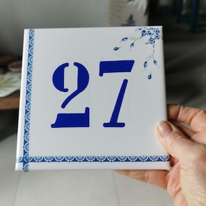 Ceramic house number for home, simple or decorated house numbers in white and blue, third-fire decal ceramic, blue house number