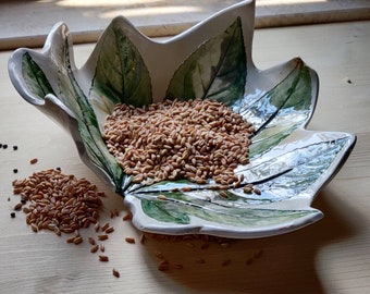 Handmade ceramic bowl, centerpiece with painted leaf, wall ceramic panel, handcrafted ceramic leaves, decorative impressed ceramic leaves