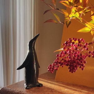Handmade black ceramic penguin, home decorative black penguin, ceramic winter decorations, penguin figurine art