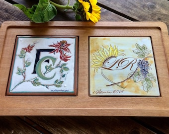 Włoskie ceramiczne płytki personalizowane, pamiątkowe płytki dla nowożeńców, prezent rocznicowy dla rodziców, zestaw do herbaty z ceramiki i drewna
