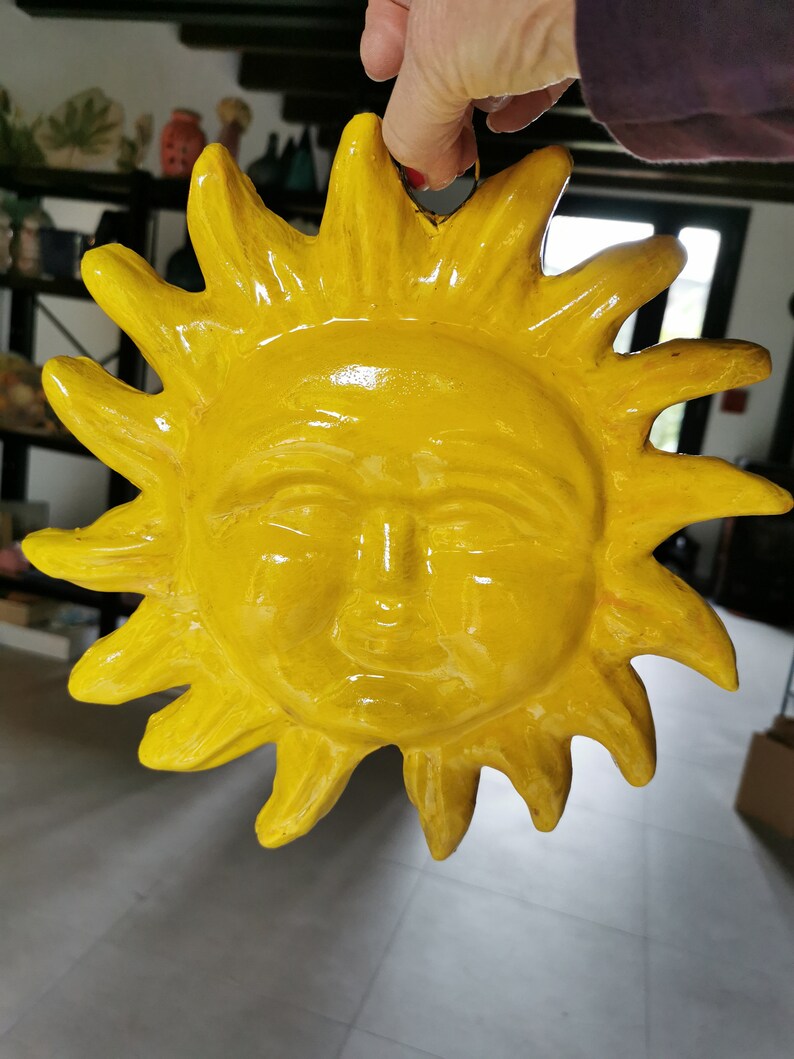 Italian ceramic sun plaques, Italy pottery sun, ceramic sun face, sun and moon ornaments,sun ornament yellow sun handmade, sun wall hanging image 5