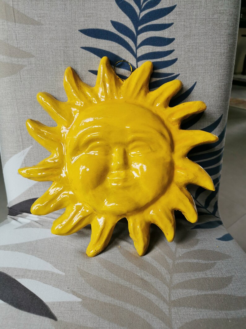 Italian ceramic sun plaques, Italy pottery sun, ceramic sun face, sun and moon ornaments,sun ornament yellow sun handmade, sun wall hanging image 1